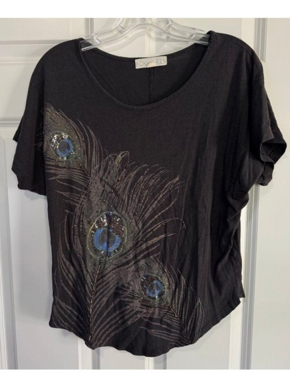 Forever 21 Beaded Peacock Oversized Graphic T-Shirt Black Tee Women's Small S